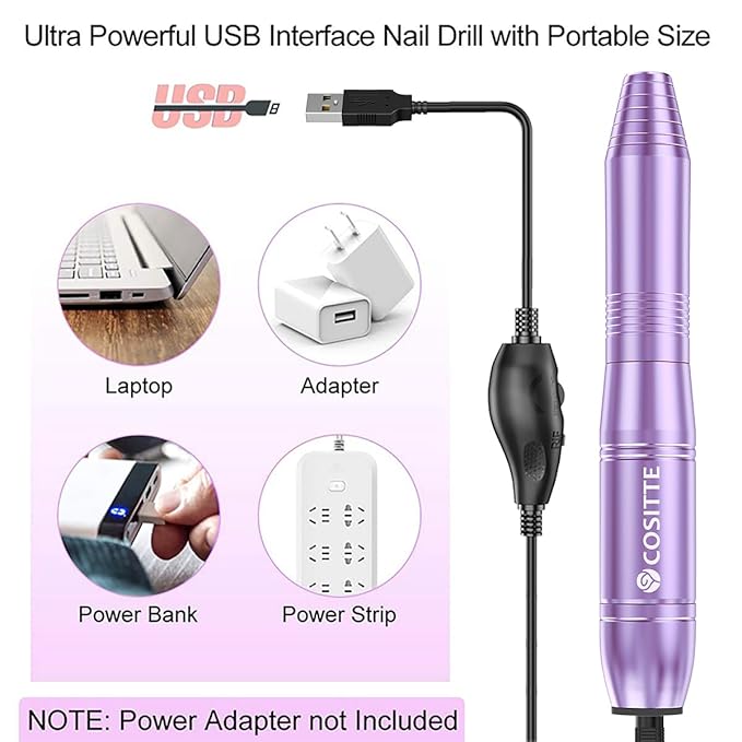 COSITTE Electric Nail Drill,USB Electric Nail Drill Machine for Acrylic Nail Kit,Portable Electric Nail File Polishing Tool Manicure Pedicure Kit Efile Nail Supplies for Home Salon,Lilac