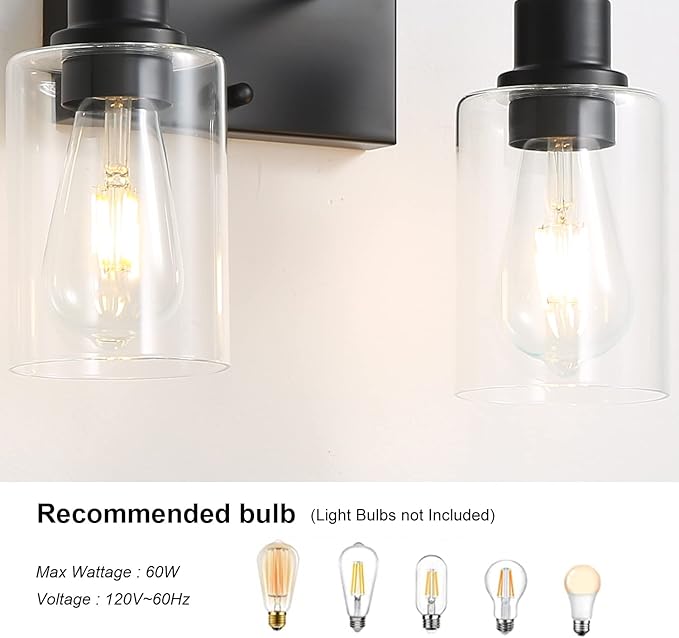Bathroom Vanity Light Fixtures, 2-Light Matte Black Bathroom Lights, Wall Sconces with Clear Glass Shade for Hallway Farmhouse Bedroom Living Room