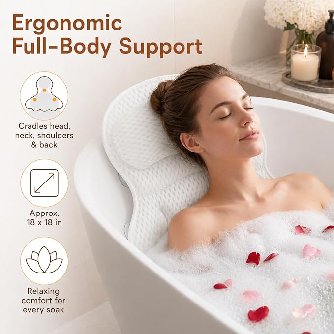 4D Air Mesh Bath Pillow for Tub, Soft Bathtub Cushion with 6 Non-Slip Suction Cups for Head, Neck & Back Support, Machine Washable Spa Pillow, White