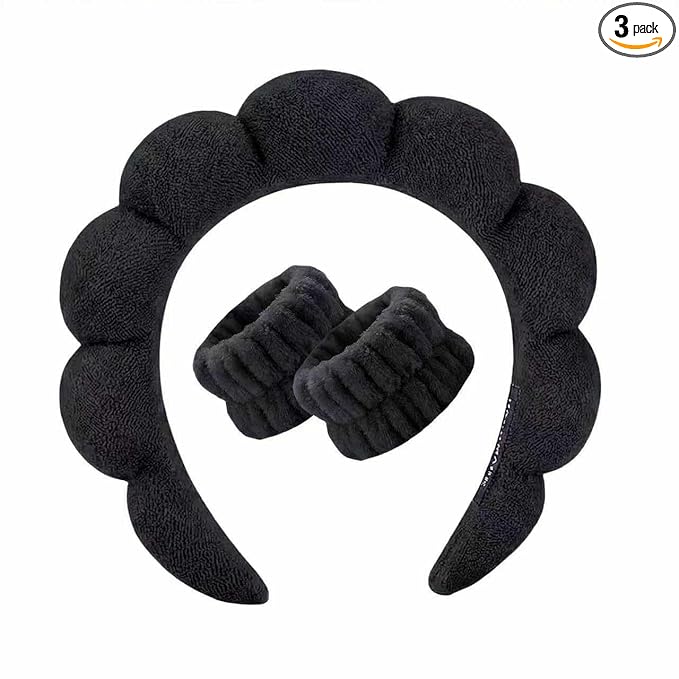 Spa Headband and Wristband Set for Women,Terry Cloth Sponge Headband for Washing Face,Makeup,Facial Mask and Skincare (Black, One Size)
