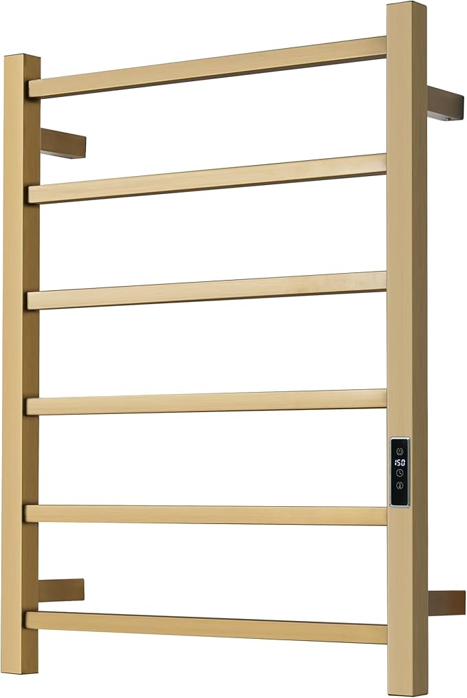 Heated Towel Racks for Bathroom, Wall Mounted Electric Towel Warmer Racks with Timer & Temperature Control, Stainless Steel Towel Heater for Bathroom (Square-Brushed Gold 6 Bars)