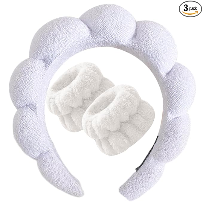 Beleki Spa Headband for Washing Face Wristband Set Sponge Headband Makeup Skincare Face Washing Headband Terry Cloth Bubble Puffy Hairband Non Slip Headwear Hair Accessory for Women - White
