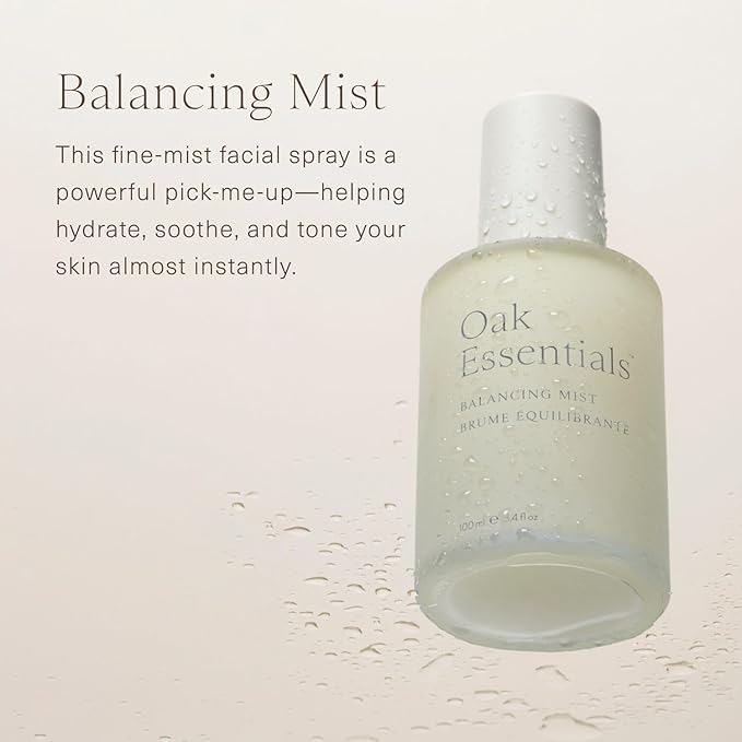 Oak Essentials Balancing Mist, Ultra-Fine Hydrating Toner Spray for Face and Body, Rose Water Face Mist with Aloe and Glycerin, 3.4 Fl Oz