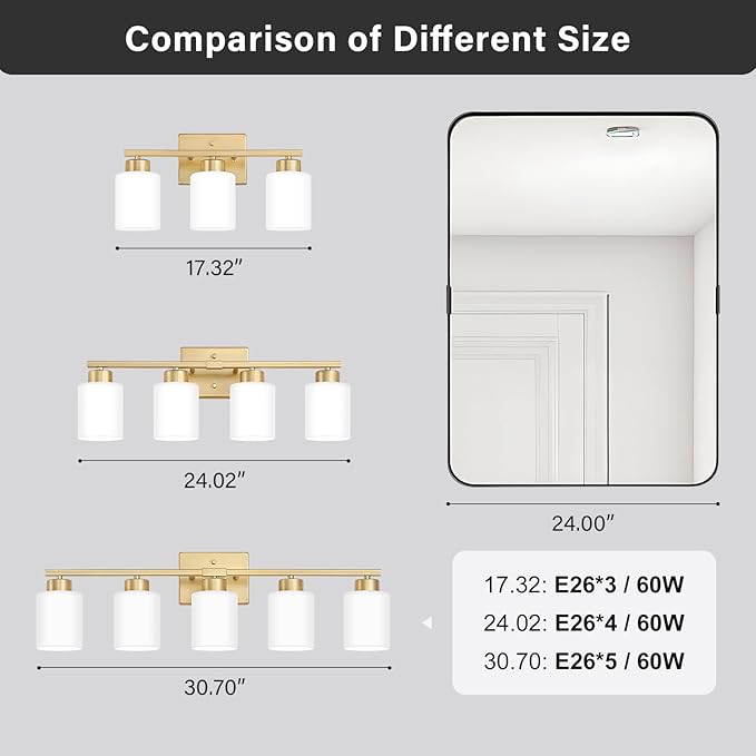 FonmYim Gold Bathroom Light Fixtures, 5-Light Modern Vanity Light Over Mirror, Wall Sconces with Milky White Frosted Glass Shades, E26 Socket (Bulbs Not Included)
