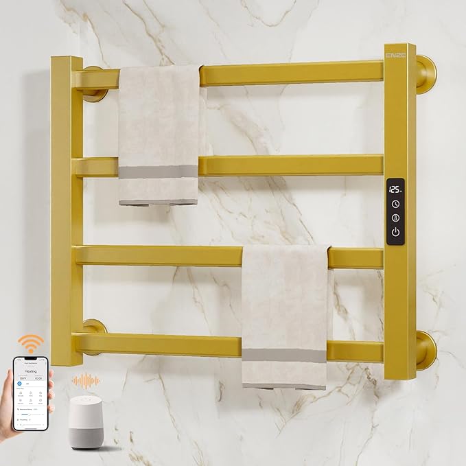 ENZE Smart Luxury Heated Towel Rack, 4-Bar Gold Electric Towel Warmer 115W, Wi-Fi App Control & LED Touch Screen, Adjustable Temperature & 24H Timer, IPX5, 2 in 1 Installation, Low Carbon Steel