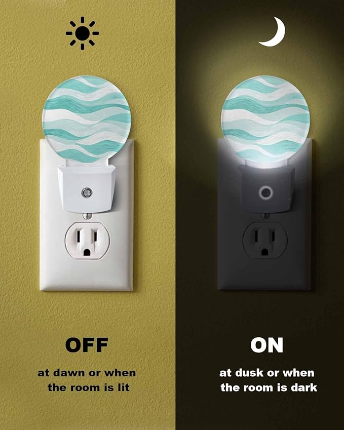 Night Lights Auto Sensor Turquoise Ocean Waves Night Light Abstract Mountain Stripes Round Lamp Plug-in LED Nightlights Dusk to Dawn for Living Room Bedroom Bathroom Hallway Wall Decor
