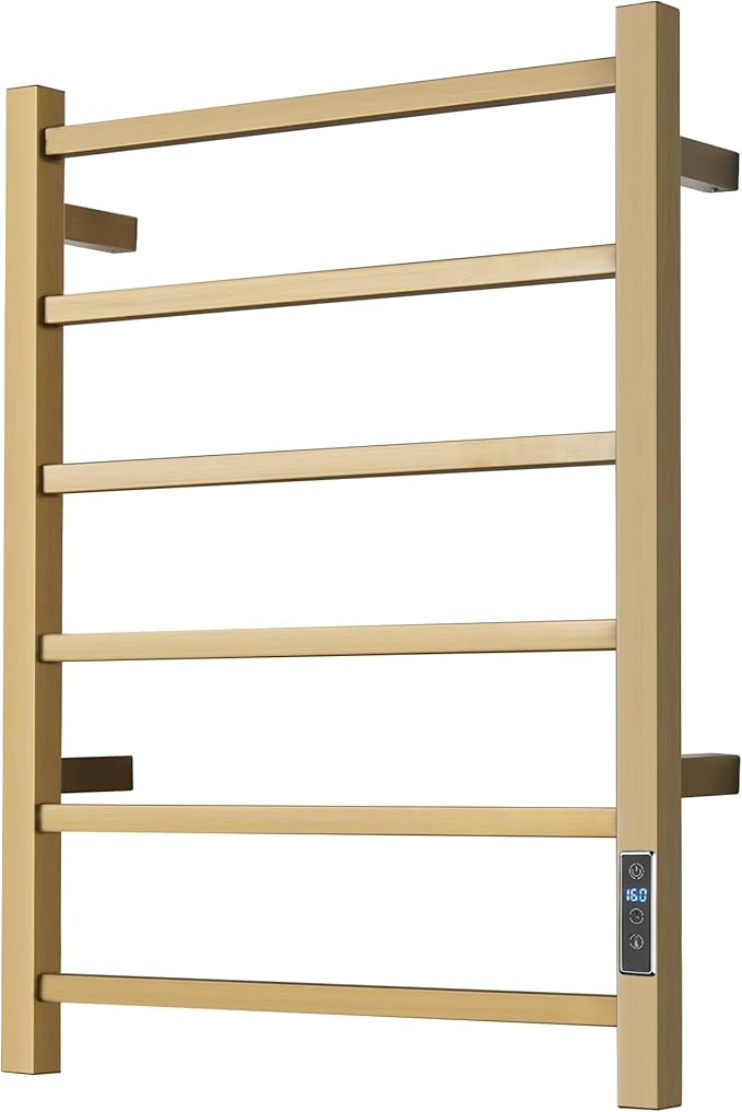 Electric Heated Towel Warmer - Wall Mounted Bathroom Towel Rack, Plug-in Design & Gold Brushed Stainless Steel 6 Bar Gold with Timer & Temperature Control