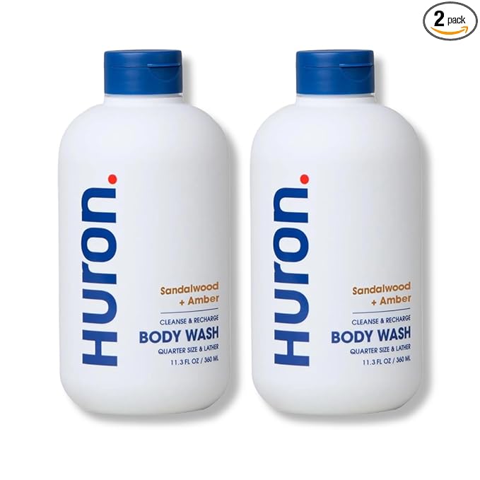 Huron Men’s Moisturizing Body Wash - Clean & Woody Scent of Sandalwood, Black Pepper, Cedarwood, & Amber - Made With Coconut Oil, Vitamin E & Witch Hazel - Vegan, Cruelty-Free - 12.2 fl oz (2 Pack)
