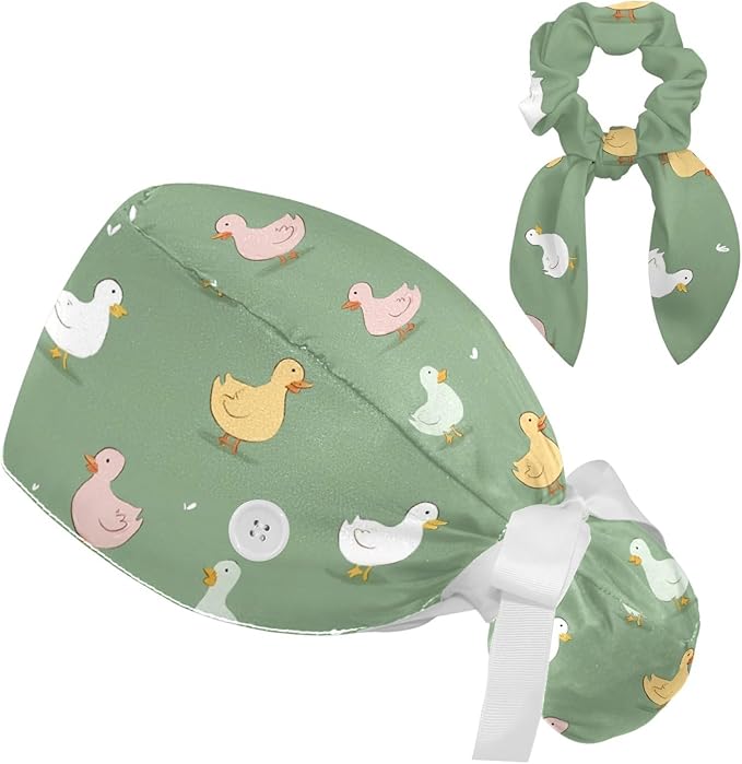 Scrub Caps Women Ponytail Cute Pink and White Leaves Caps Bouffant Working Hat Elastic Tie Back Hats with Button