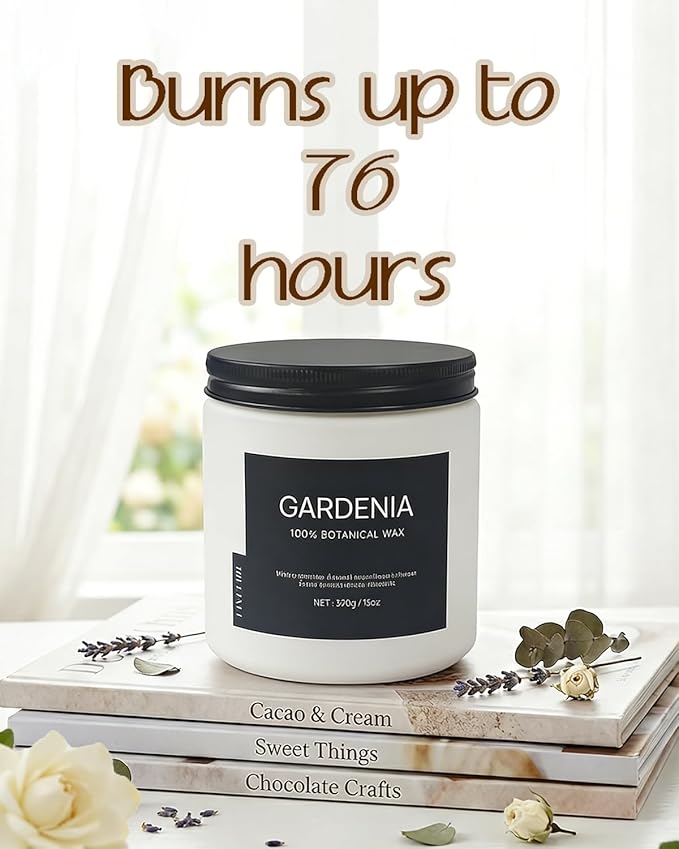 Gardenia Home Scented Candles, 13oz Organic Soy Wax, 76-Hour Clean Burning, Natural Candles Non Toxic, White Floral Scent for Relaxation, Aromatherapy Housewarming Candle for Men Women