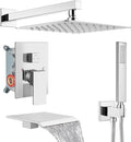 Midanya Shower System with Tub Spout,Bathtub Shower Faucet Set with Square Rainfall Head and Handheld Sprayer Wall Mount Tub Faucet Set with Valve and Trim Kit,10 Inch Polish Chrome