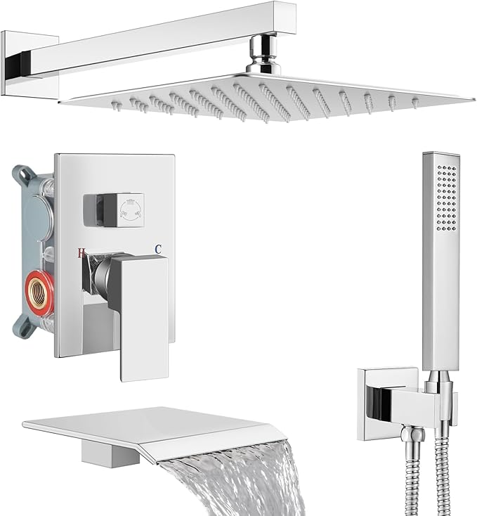 Midanya Shower System with Tub Spout,Bathtub Shower Faucet Set with Square Rainfall Head and Handheld Sprayer Wall Mount Tub Faucet Set with Valve and Trim Kit,10 Inch Polish Chrome