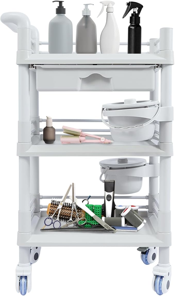 Salon Storage Cart, 3 Tier Rolling Beauty Organizer with 2 Garbage Baskets & 1 Drawer, 80kg/176.37lbs Capacity, Movable Storage Trolley for Beauty Salon SPA (Grayish-White)