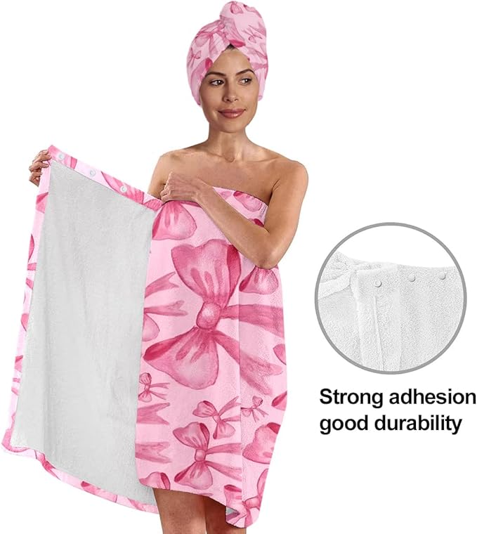 Pink Bow Bath Wrap with Hair Drying Cap – Soft Microfiber Quick Dry Shower Towel Skirt Set for Women, Teens, Girls, Spa, Gym, Pool, and Travel (Bow 5)