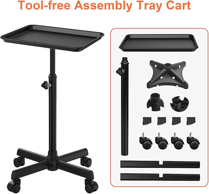 Salon Tray Cart Tattoo Tray Rolling Cart, Service Rolling Tray, Height Adjustable Styling Tray, Storage Tray Trolley for Beauty Salon Clinic Spa (Black)