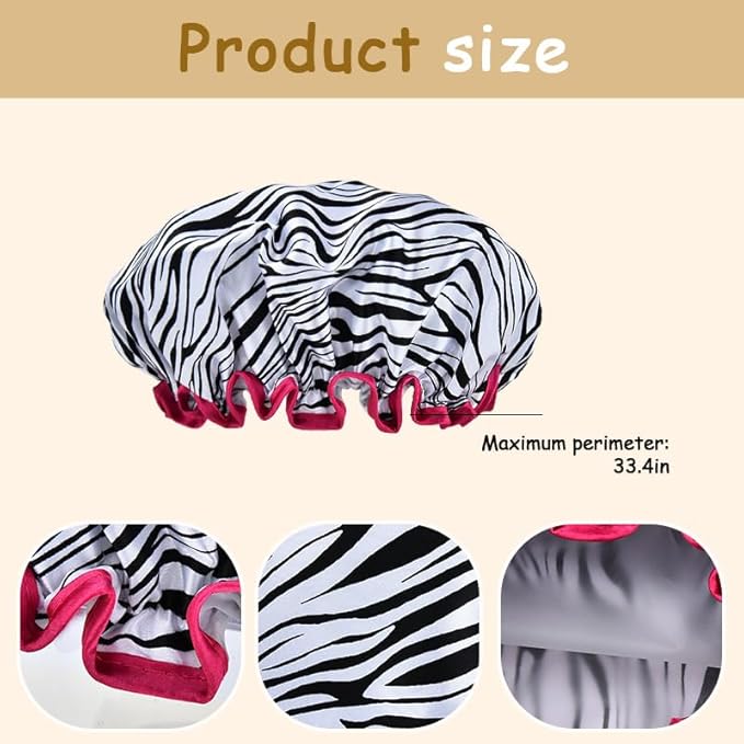 Vintage Zebra Print Shower Cap for Women Reusable Waterproof Large Adjustable Cute Shower Caps for Women Washable Elastic Womens Big Bathing Cap for Long Short Hair Zebra Print Bath Caps for Washing