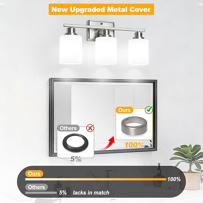 Unicozin 3-Light Bathroom Light Fixtures, Modern Brushed Nickel Vanity Light Over Mirror, Wall Sconces with Milky White Glass Shades for Living Room Bedroom Hallway E26 Base