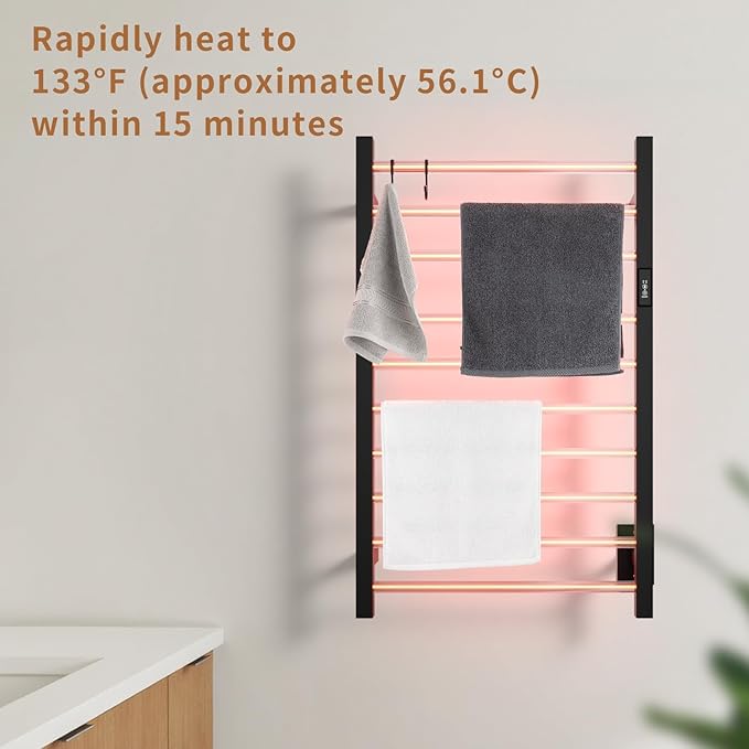 Wall Mounted Towel Warmer Square 10 Bars with Plug-in and Hardwired Options 3 Working Modes Black Stainless Steel 21" W 34" H