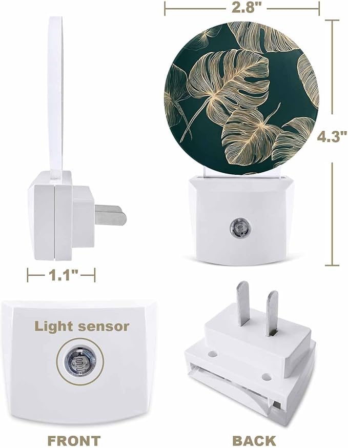 Night Lights Auto Sensor Golden Palm Leaves Night Light Summer Tropical Branches Round Lamp Plug-in LED Nightlights Dusk to Dawn for Living Room Bedroom Bathroom Hallway Wall Decor