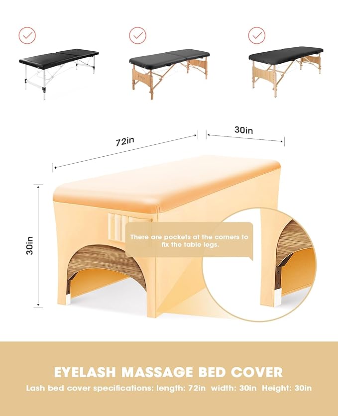 Onism Lash Bed Cover & Massage Table Cover - Wipeable Waterproof PU Leather Top with Foot Pockets & Side Storage, Fitted Spandex Sheets for Esthetician, Lash Tech & Tattoo Artist (Fits Standard 6ft)