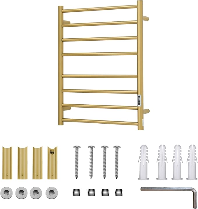 Heated Towel Racks for Bathroom, Wall Mounted Electric Towel Warmer Racks with Timer & Temperature Control, Stainless Steel Towel Heater for Bathroom (Round-Gold, 8 Bars)