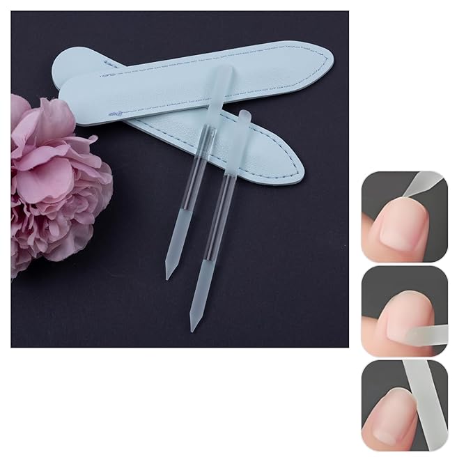 2 Pcs Transparent White Glass Cuticle Pusher Tool with Blue Leather Case, Sassy Tip Cuticle Pusher Pen for Precision Filing Nail Salons Home