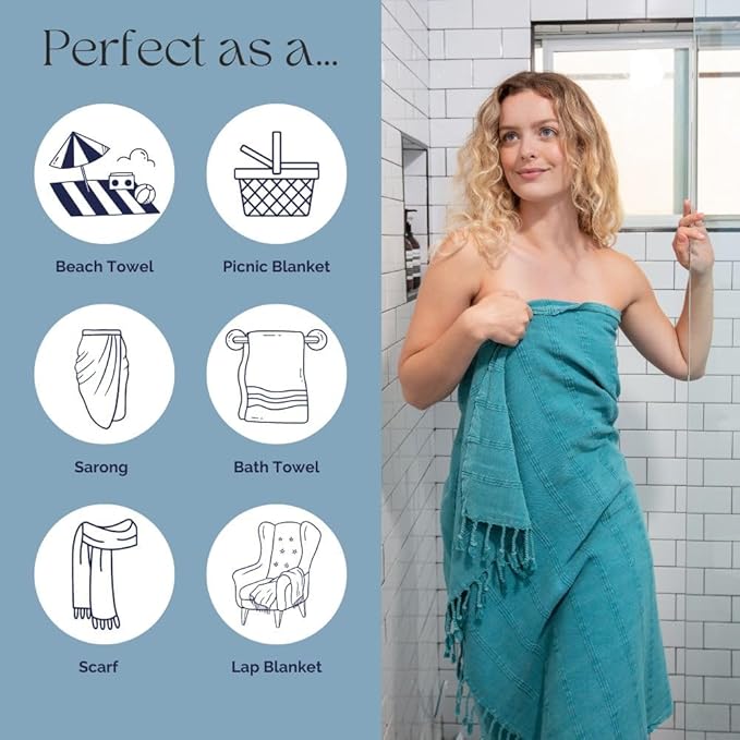InfuseZen Stonewashed Turkish Bath & Beach Towel –100% Organic Turkish Cotton - Soft, Lightweight, Absorbent - Quick Dry, Sand Free - Swim, Pool, Shower, Travel - Peshtemal, Hammam Spa Towel - Teal