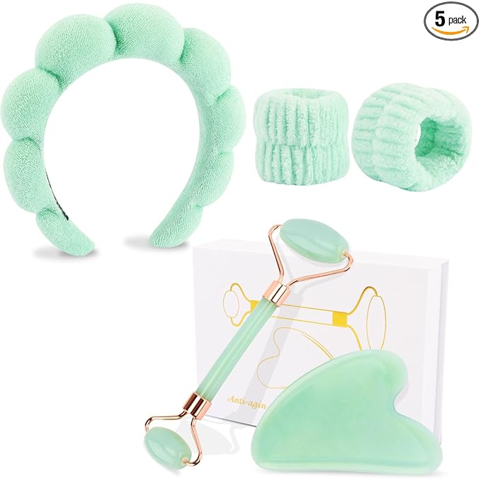CUBACO Spa Headband and Wristband Set for Women with Ice Jade Roller and Gua Sha, Skin Care Set Tools Puffy Makeup Headband Teen Girl Gifts Trendy Stuff Hair Accessories for Women