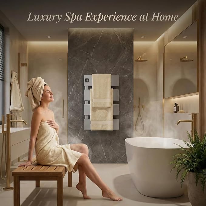 Electric Towel Warmer, Heated Towel Rack with Thermo Control and Timer, Fast Heating Towel Rail for Bathroom with Memroy Function, Work with Smart Plug, Left-Wiring, 3 Panel, Silver