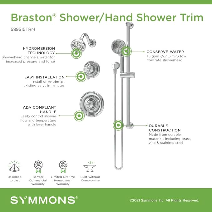 Symmons Braston HydroMersion Double Handle Shower Trim Kit with Hand Spray in Polished Chrome - 589515TRM