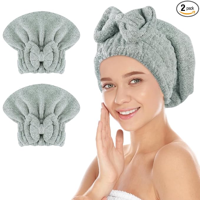 SUNLAND Large Microfiber Hair Drying Caps with Bow knot Fast Drying Shower Cap Soft and Absorbent hairWrap Hair Turban Bath Caps for Curly Thick and wet Hair 11 X 13.4 inch 2 Pack Green