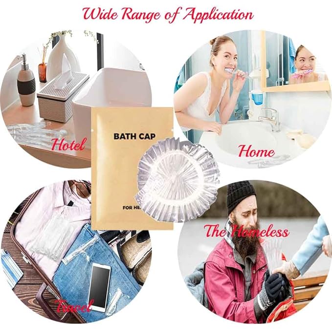 50PCS Portable Individually Wrapped Disposable Shower Caps, Plastic Waterproof Elastic Pocket Hair Bath Caps,Multipurpose Travel Shower Caps, Perfect for Hair Treatment, Salon, Spa, Hotel,Home,Travel
