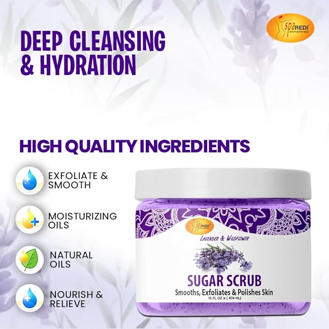 SPA REDI Sugar Scrub - Lavender and Wildflower - 16 Oz - Exfoliating, Moisturizing, Hydrating and Nourishing, Glow, Polish, Smooth and Fresh Skin - Body Exfoliator