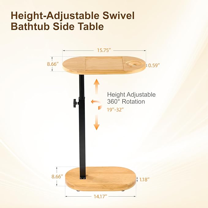 Bamboo Bathtub Side Table, 360° Swivel Height Adjustable Freestanding Bath Caddy Tray Organizer with 5 Storage, Luxury Home Spa Bathroom Essential (Natural)