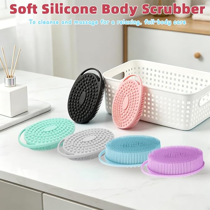 Silicone Body Scrubber 2 Pack Silicone Loofah Exfoliating Body Scrubber Soft Silicone Shower Brush with Handle Double Sided Bath Body Brush for Women Men Cleaning Massage Sensitive Skin, (Blue, Black)