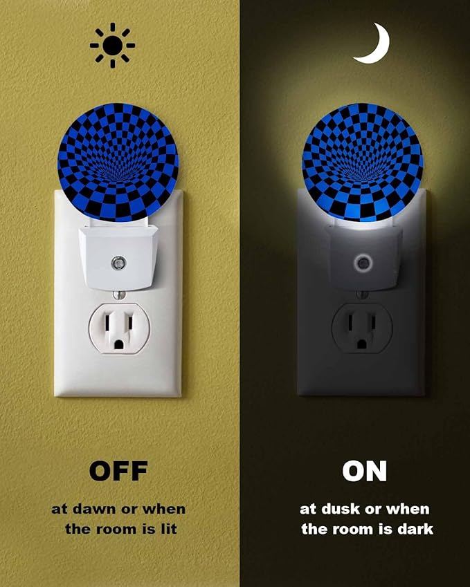 Night Lights Auto Sensor Blue Black Checker Night Light 3D Abstract Mosaic Tiles Round Lamp Plug-in LED Nightlights Dusk to Dawn for Living Room Bedroom Bathroom Hallway Wall Decor
