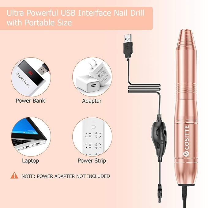 COSITTE Electric Nail Drill, USB Electric Nail Drill Machine for Acrylic Nails, Portable Electrical Nail File Polishing Tool Manicure Pedicure Efile Nail Supplies for Home and Salon Use, Gold