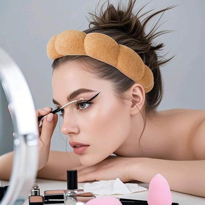 2Pcs Spa Headband for Washing Face & 1 Pair Wristband Set - Sponge Makeup Skincare Headband, Terry Cloth Bubble Soft Hairband, Puffy Padded Non-Slip Thick Hair Accessory for Women & Girls (Brown)