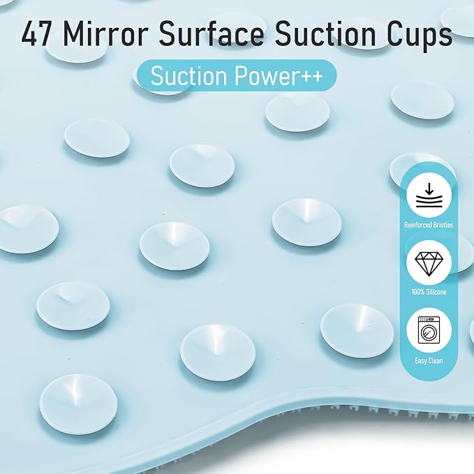 XL Shower Foot Scrubber Mat, Silicone Feet Massage Scrubber in Shower Clean Foot Toes Pad without Bending Non-slip Suction Cups -Blood Circulation Exfoliate Achy Relief 17.4*13.4" Light Blue