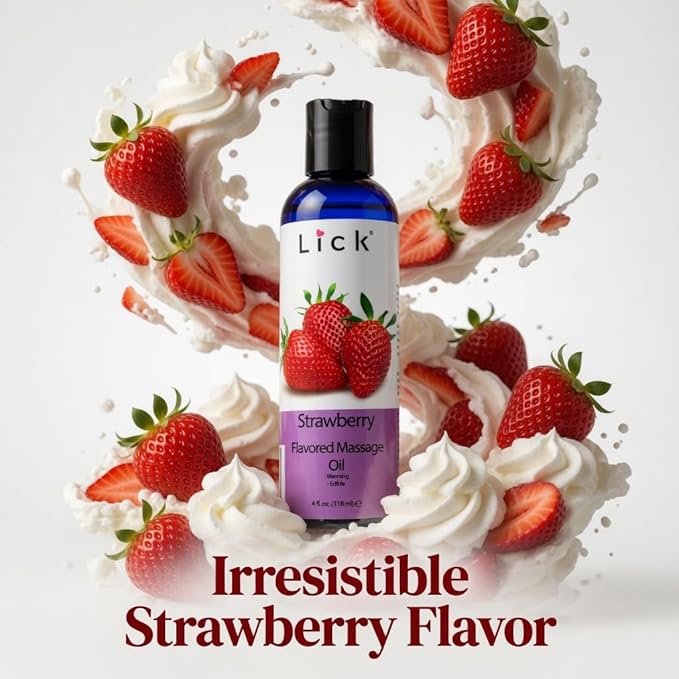 Lick Strawberry Flavored Massage Oil with Natural Vitamin E - Aromatherapy & Moisturizing Body Oil for Relaxing Muscle Massage - Essential Non-Sticky Skin Therapy for Men and Women - 4 oz
