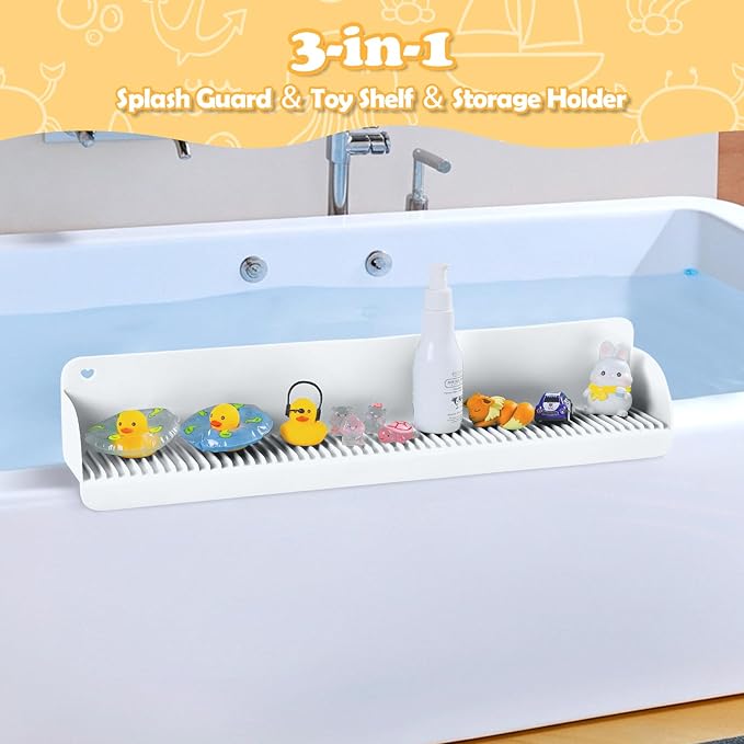 AGPTEK 24 Inch Bathtub Splash Guard with 10 Suction Cups, Silicone Tub Water Splash Guard for Bathtub, Bath Toy Tray Holder Play Shelf for Kids, Universal for Bathroom, Kitchen Sink (White)