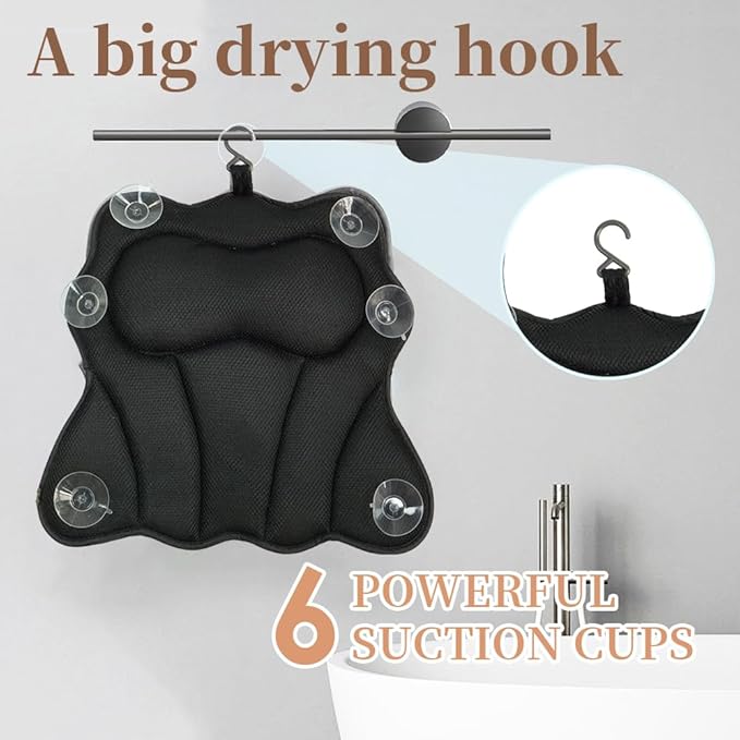 Bath Pillows for Tub, Bath Pillow, Bathtub Pillow, and Luxury Bath Accessories for Head, Neck & Back Support, Relaxing Spa Bath Tub Pillow with 6 Strong Suction Cups (Black)