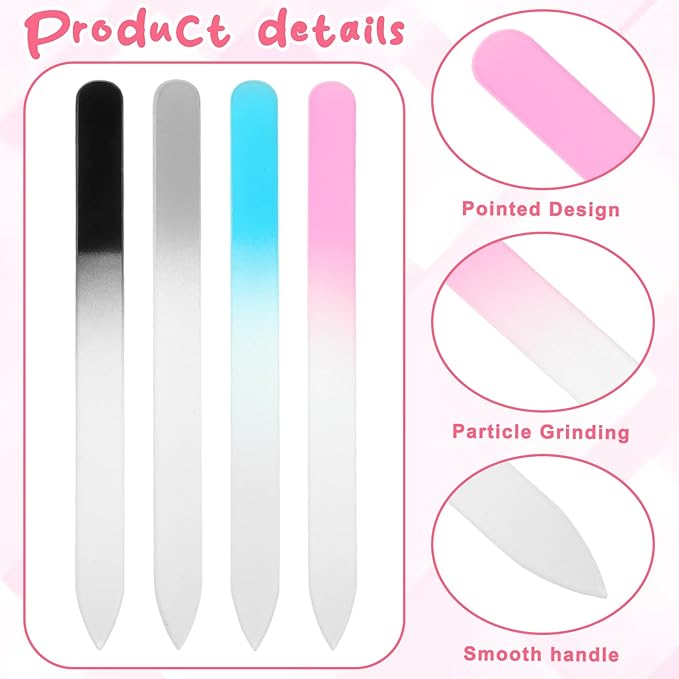 4 Pack Glass Nail File Set with Case – Double-Sided Crystal Nail Files for Women, Professional Fingernail & Pedicure Care, Portable Travel Manicure Kit