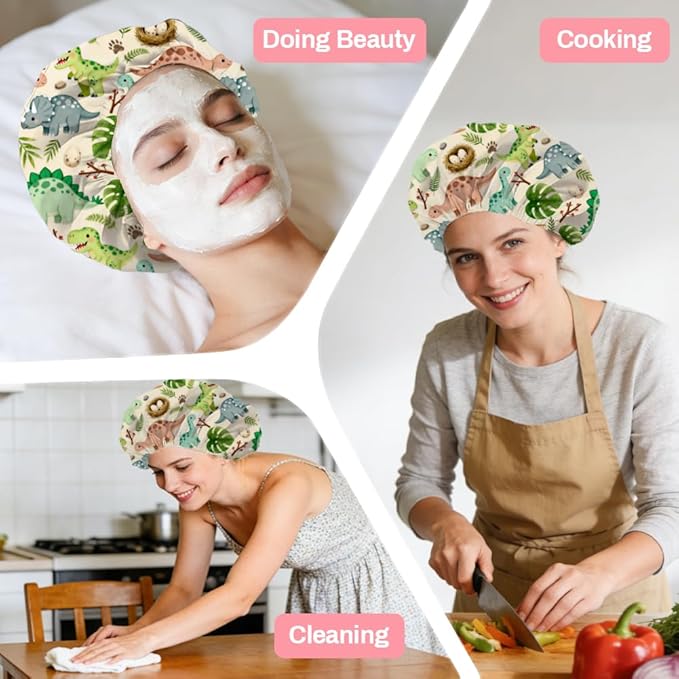 Dinosaurs Leaves Reusable Shower Cap Cute Double Layer Waterproof Shower Caps Large Elastic Hair Cover Adjustable Hair - Drying Caps for Woman Bath SPA Travel One Size Fits Most