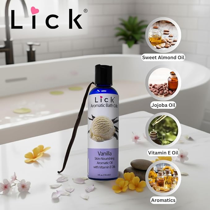 Lick Vanilla Aromatic Bath Oil - Dessert Aromas Collection - Lightweight Soaking Oils for Relaxation, 4 oz