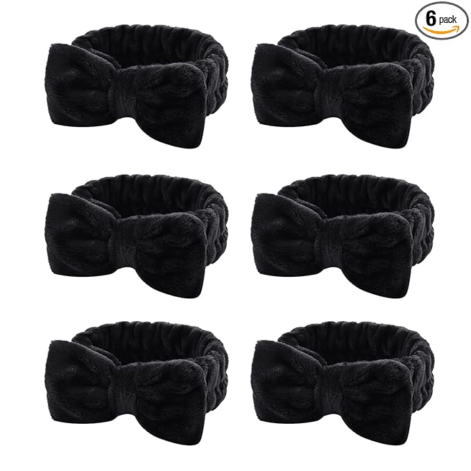 Casoty 6 Pcs Black Spa Headband, Bow Hair Band, Hair Band for Washing Face, Fuzzy Headbands for Women Girls, Soft Coral Fleece Skincare Headbands for Face Washing Shower Yoga