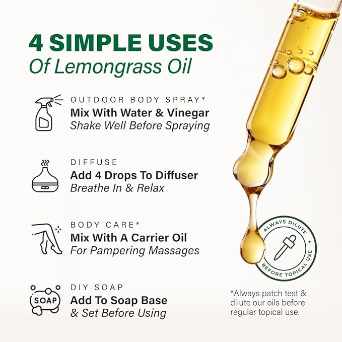 100% Pure Lemongrass Oil - 4 Fl Oz Lemongrass Essential Oil for Hair, Skin, Diffuser, Aromatherapy & DIY Soap Making Scent