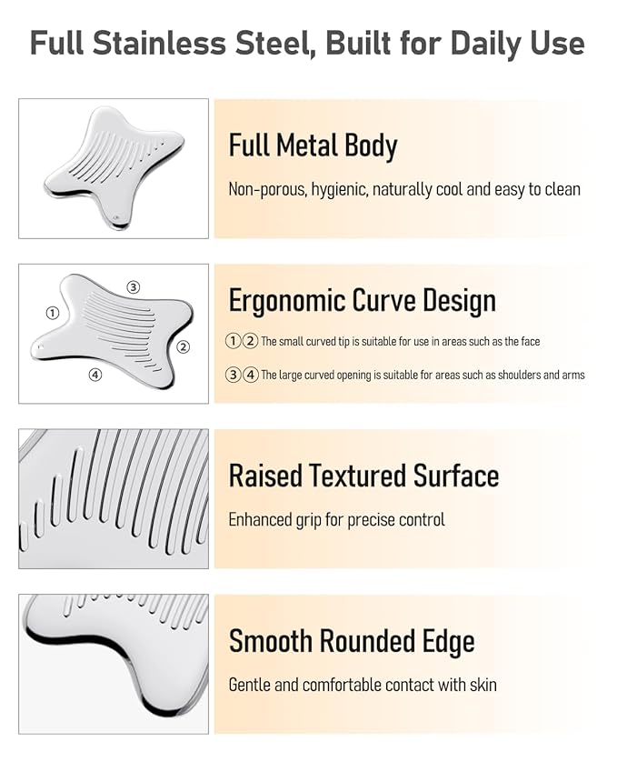 Non-Slip Grip Stainless Steel Gua Sha Facial Tools, 2026 Updated X-shaped Guasha Massage Tool, Cooling Metal Face Massager Scraper for Face Jawline, Cheeks & Chin, Gifts for Women Moms(Silver)