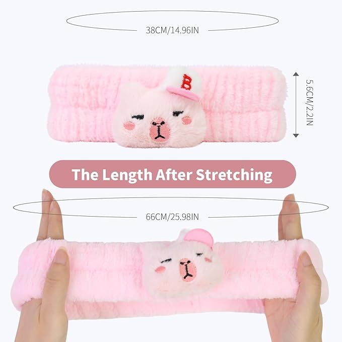 Spa Headband for Washing Face, 2 Pack Cute Halloween Hair Band for Shower Yoga Beauty, Fluffy Makeup Headband, Kawaii Facial Headbands for Woman Girls, Pink+Beige Capybara