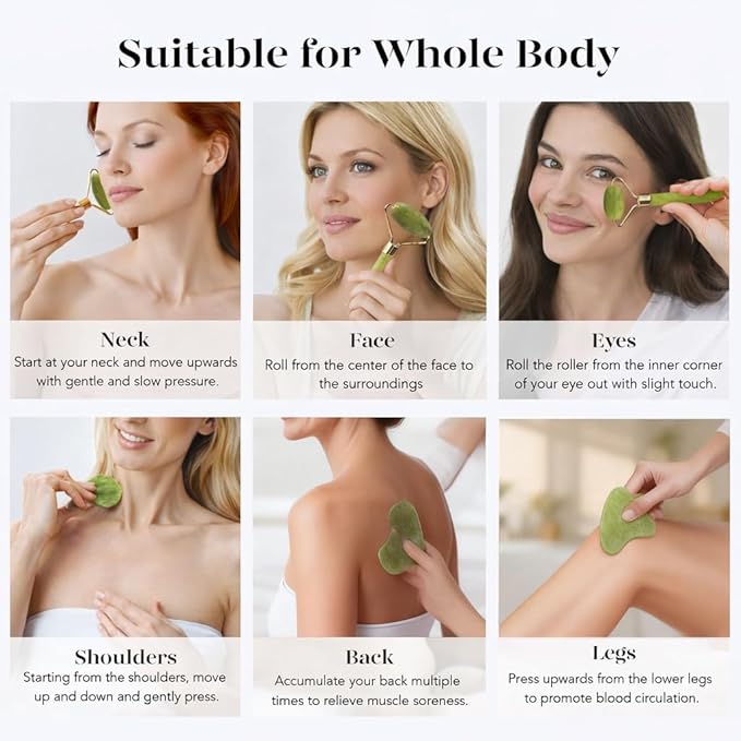 Jade Roller and Gua Sha Set, Natural Jade Stone Facial Massage Tools with Gold Frame for Puffiness and Redness Reducing, Skin Care Routine Gift